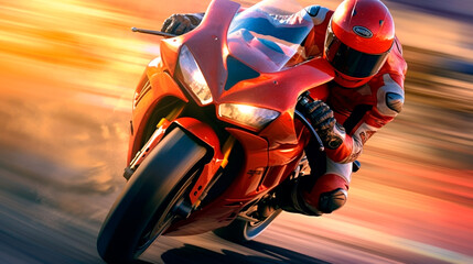 Superbike motorcycle on the race track, dynamic concept art illustration, high speed. Generative AI