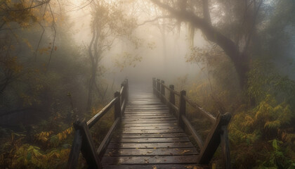 Mysterious fog shrouds tranquil forest in autumn generated by AI