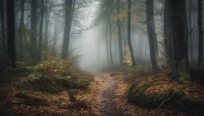 Fototapeta premium Mysterious autumn forest, foggy footpath, spooky beauty generated by AI