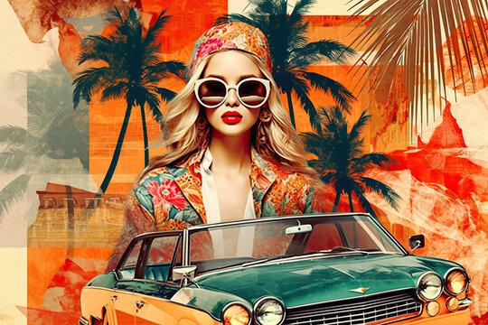 Blonde Hippie Woman With Retro Car And Palm Trees. 60s Style Summer Poster. Generative AI