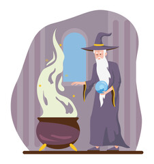 Magician with cauldron. Elderly man in cloak and witchs hat prepares potion. Imagination and fantasy, witchcraft and magic. Sorcerer character in costume. Cartoon flat vector illustration
