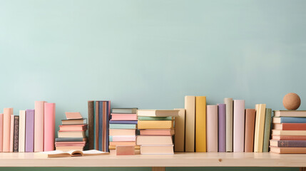 Many books on a wooden table with copy space. Back to school concept