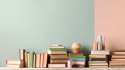 Many books on a wooden table with copy space. Back to school concept