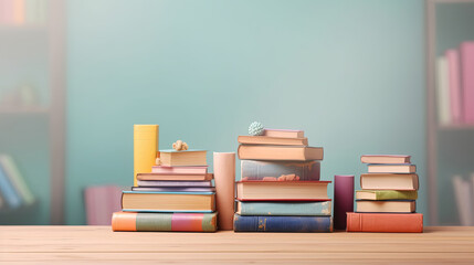 Many books on a wooden table with copy space. Back to school concept