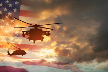 Fototapeta na wymiar Silhouettes of helicopters on background of sunset with a transparent American flag. Greeting card for Veterans Day, Memorial Day, Air Force Day. USA celebration.