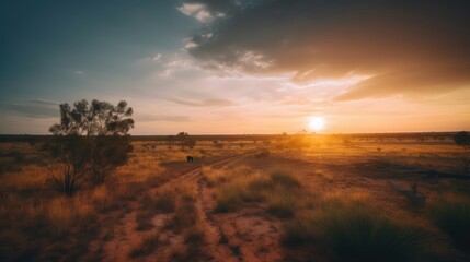Fototapeta na wymiar Australian outback at sunset - amazing travel photography - made with Generative AI tools
