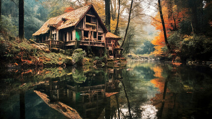Colorful Hippie-style Wooden House Reflecting in the River - generative AI