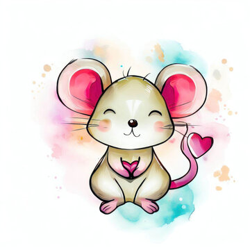 Watercolor Illustration Depicting a Cute Mouse with Character, Generative AI