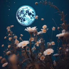 Obraz na płótnie Canvas moon and flowers with the crescent in the sky Generative Ai