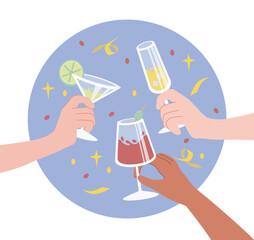 Party with alcohol. Characters holding glasses with alcoholic drinks. Wine and champagne. Holiday and event, festival. Cheers poster or banner. Cartoon flat vector illustration