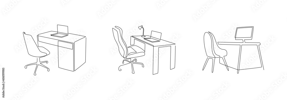 Aufkleber Set of home office interiors in one continuous line drawing. Modern work tables and chairs with computers in simple linear style. Remote work concept in editable stroke. Doodle vector illustration