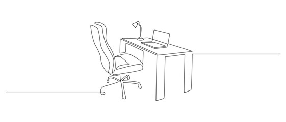 One continuous line drawing of home office interior. Modern work desk and chair with laptop in simple linear style. Remote distant work concept in editable stroke. Doodle vector illustration