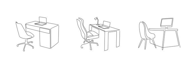 Set of home office interiors in one continuous line drawing. Modern work tables and chairs with computers in simple linear style. Remote work concept in editable stroke. Doodle vector illustration