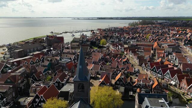Aerial shot of Volendam fishing town in Netherlands