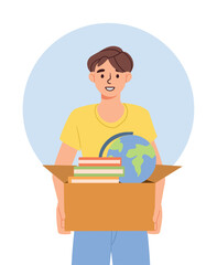 Man donate for kids. Young guy with box with books and globe. Educational pack for children. Kindness and generosity, donations to fund. Cartoon flat vector collection isolated on white background