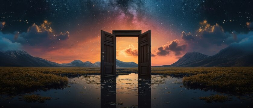 Serene lake with an open door in the center, the concept of a path to a dream or new opportunities. Generative AI