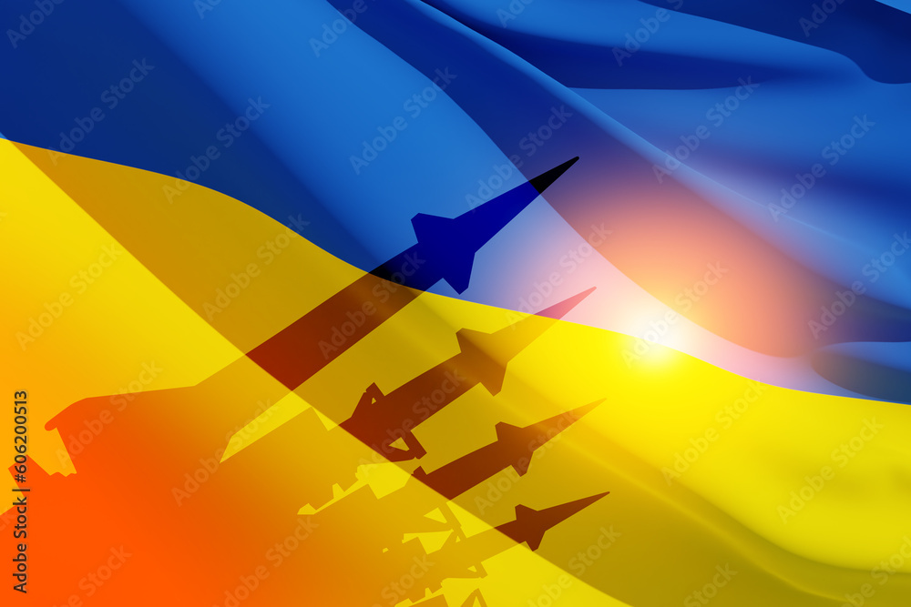 Wall mural Silhouette of missiles on a background of the flag of Ukraine and the sun. Weapon concept.