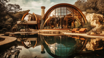 Exterior View of a Luxurious Organic-Shaped Hippie House Reflecting in the River - generative AI