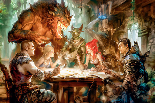 fantasy characters playing rpg tabletop game