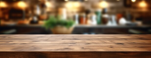 Wooden table in the kitchen with a blurred background. Generative AI