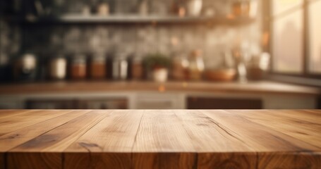 Wooden table in the kitchen with a blurred background. Generative AI