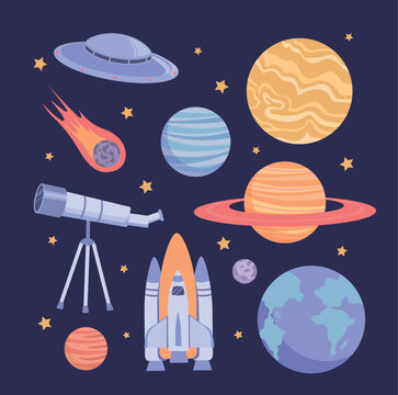 Space object set. Rocket and planets, telescope against background of stars. Exploration of galaxies and universe, scientific travel. Cartoon flat vector collection isolated on blue backdrop