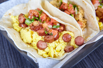 Mexican breakfast three tacos sausage chorizo bacon egg tomato chives flour tortillas