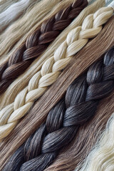 Hair extensions are on the table. Natural hair. Capsule hair extension. Beauty salon. Soft focus