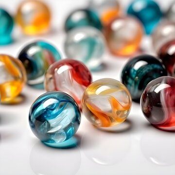 close up glass marbles on white surface