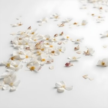white flower petals randomly scattered on white background
