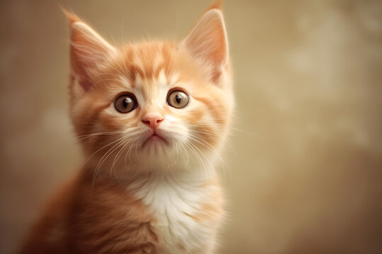 Cute ginger kitten face portrait studio shot, Generative AI