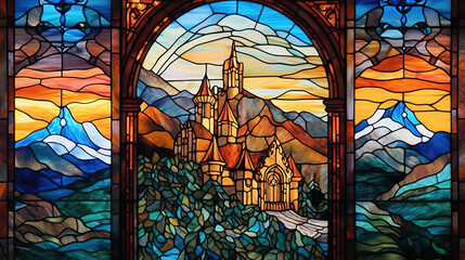 a beautiful stained glass window of a mountain castle. Vibrant colors. Modern design. AI generated image. - obrazy, fototapety, plakaty