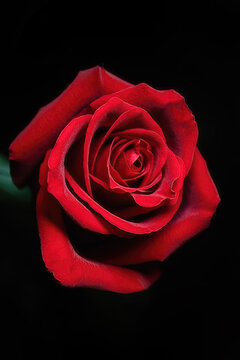 red rosebud in close-up, studio lighting, on a black background