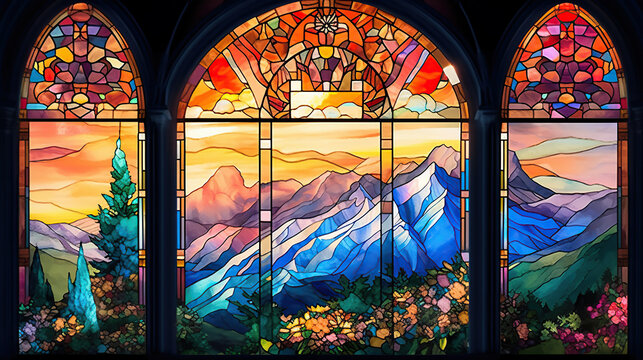 a beautiful stained glass window of a mountain castle. Vibrant colors. Modern design. AI generated image.