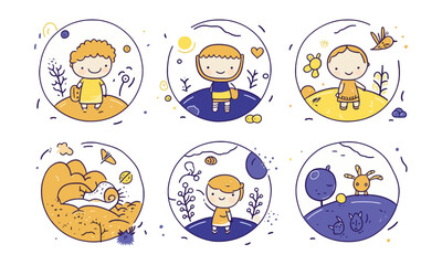 Children cartoon icon collection, line doodle on white background vector illustration