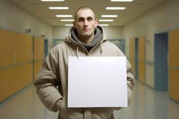 Portrait of a man with a sheet of paper in the corridor