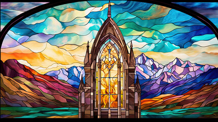 a beautiful stained glass window of a mountain castle. Vibrant colors. Modern design. AI generated image.