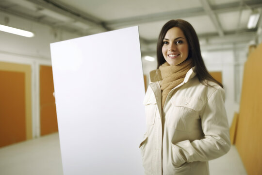 Young woman standing in front of a whiteboard in a gallery.