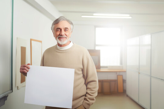 Portrait of senior man holding blank sheet of paper in corridor of hospital