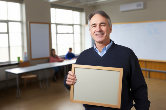 Portrait of senior teacher holding blank chalkboard in classroom at college