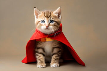 Cute tabby kitten wearing superhero cape portrait studio shot
