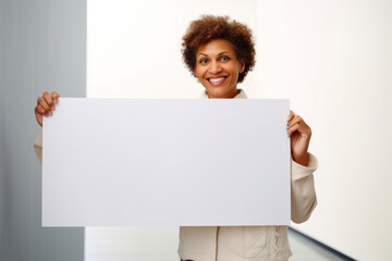 Portrait of a smiling african american businesswoman holding a blank board