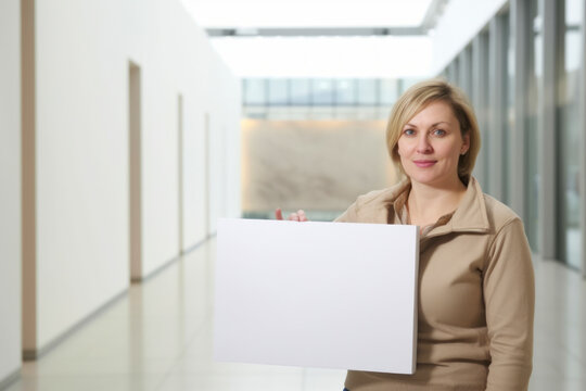 Portrait of a businesswoman holding a blank sheet of paper.