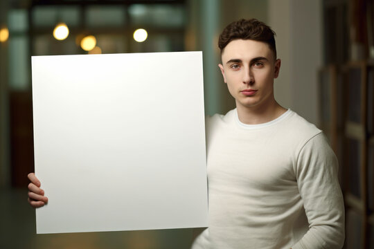 Young man holding a blank sheet of paper and looking at the camera