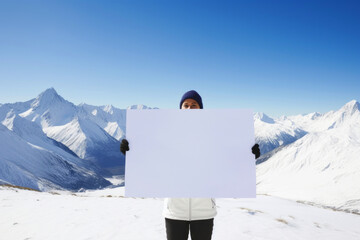 Woman holding a blank sheet of paper against snow covered mountains in the background