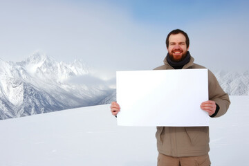 Happy man holding a blank white sheet of paper on snowy mountains background