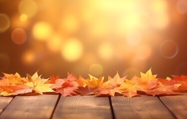 Naklejka na ściany i meble Autumn leaves on wooden table, beautiful falling leaves natural background, generative ai