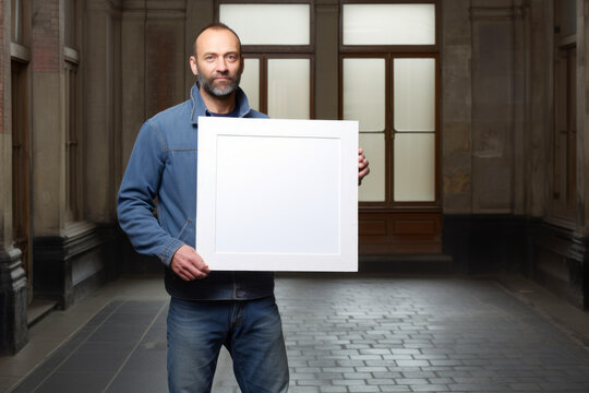 Portrait of a man holding a blank white board in the city