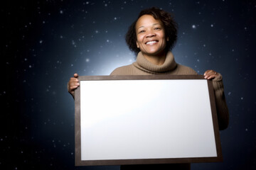 African american woman holding a blank board with stars in the background