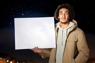 Young man holding a blank placard in front of night city background